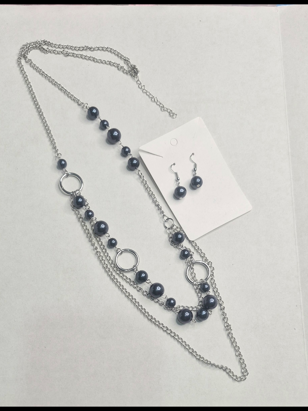 Silver and Dark Blue Beaded Layered Necklace & Earring Set